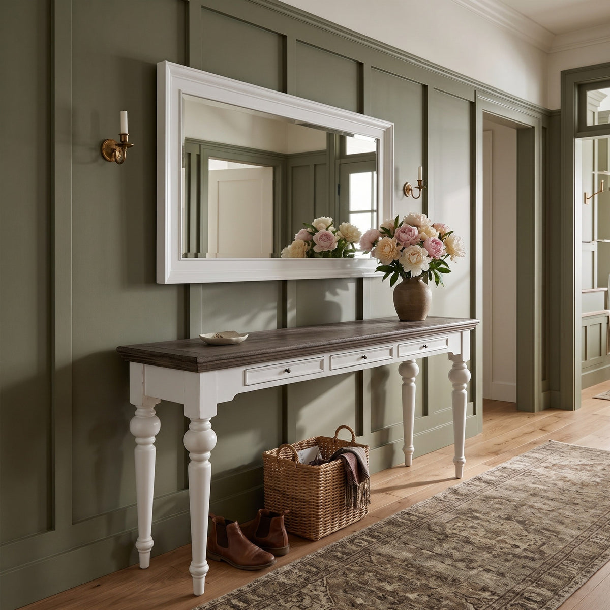 NovaSolo Corfu Console Table with 3 Drawers, Classic White & Dark Brown, styled in a room