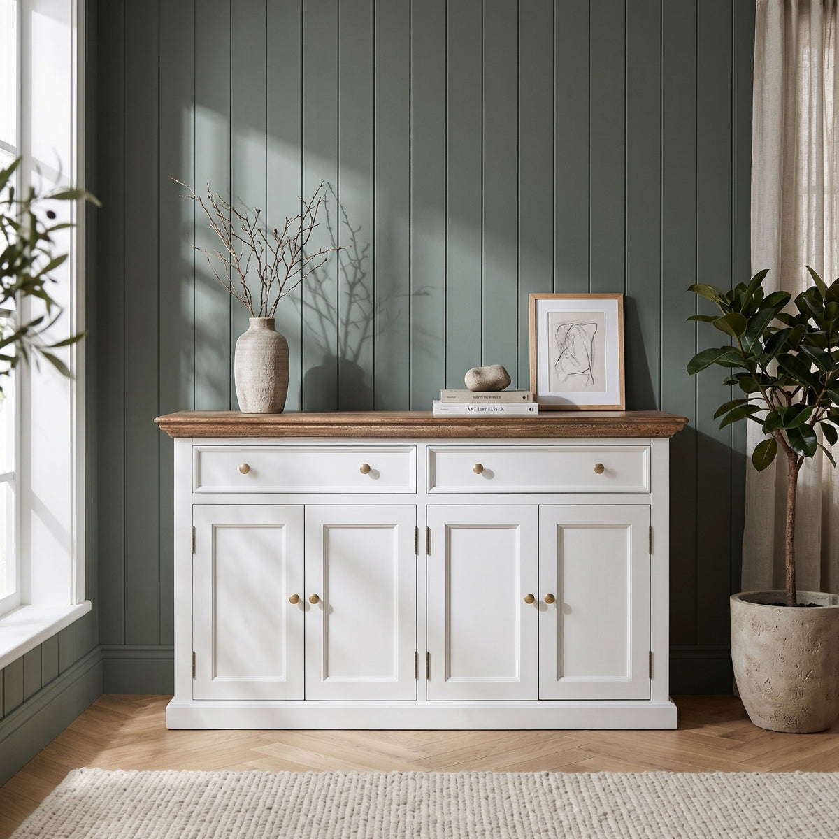 NovaSolo Corfu Buffet with 4 Doors, Classic White & Medium Brown, styled in a room