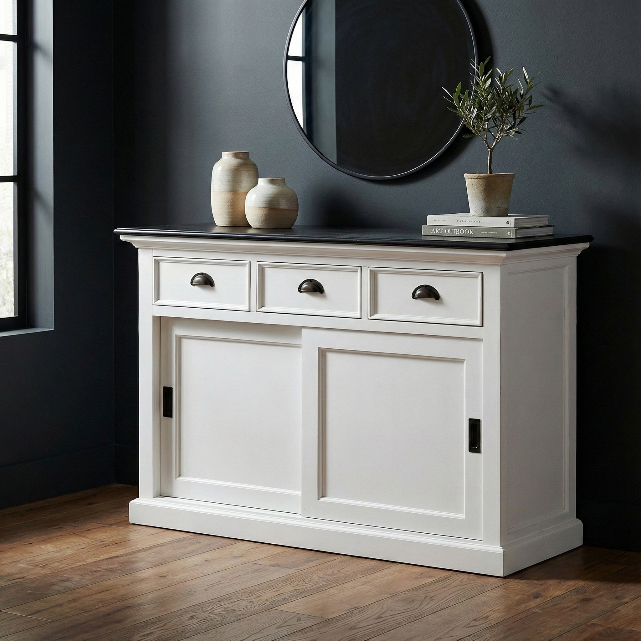 Solid Wood Buffet | Classic White with Black Top | Coastal Hampton