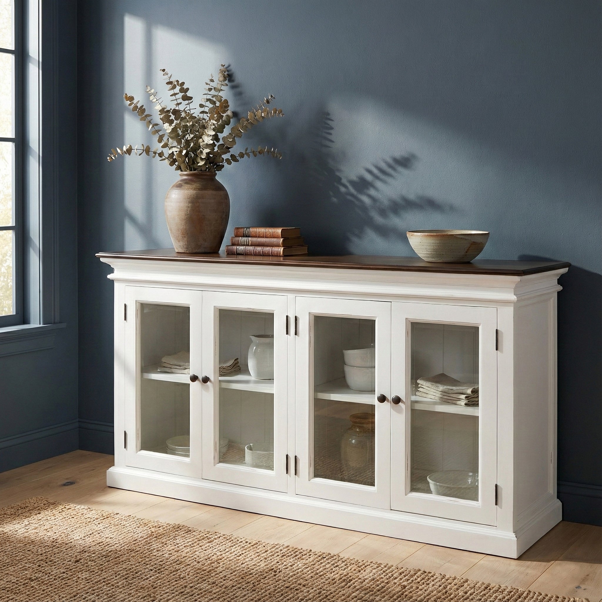 NovaSolo Mahogany Wood Display Buffet with 4 Glass Doors | Coastal