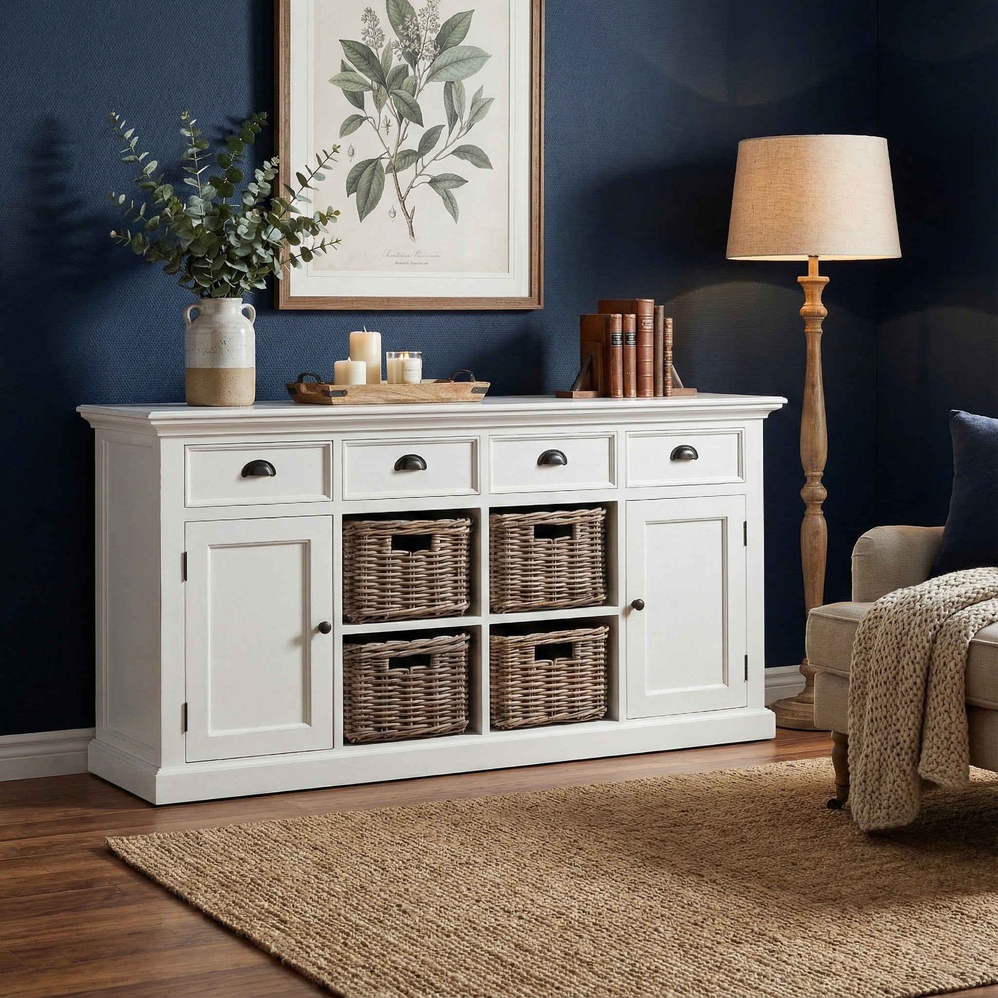 Large Solid Wood Buffet | White Gloss Finish | Coastal Hampton
