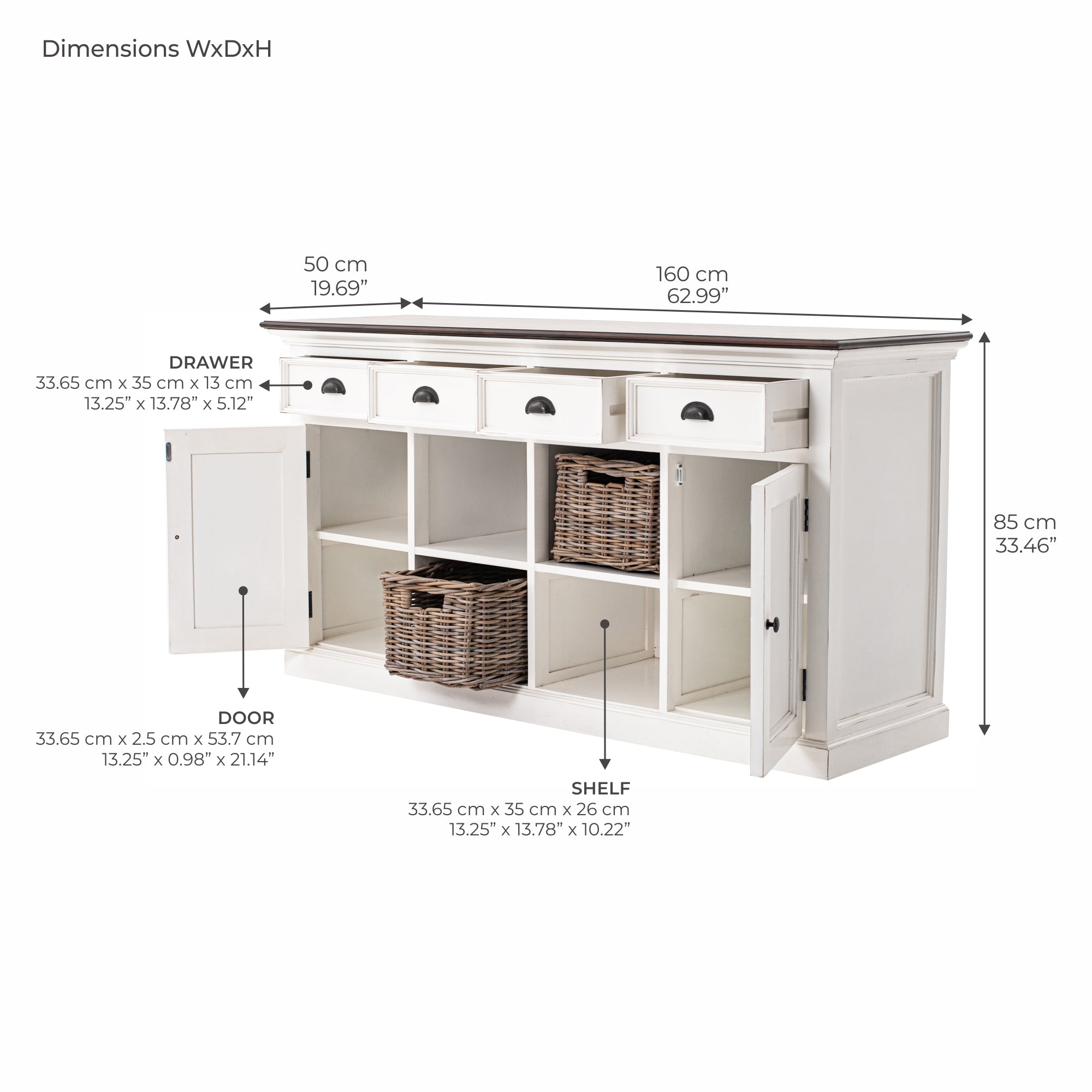NovaSolo Solid Wood Buffet with 4 Baskets | Coastal Hampton
