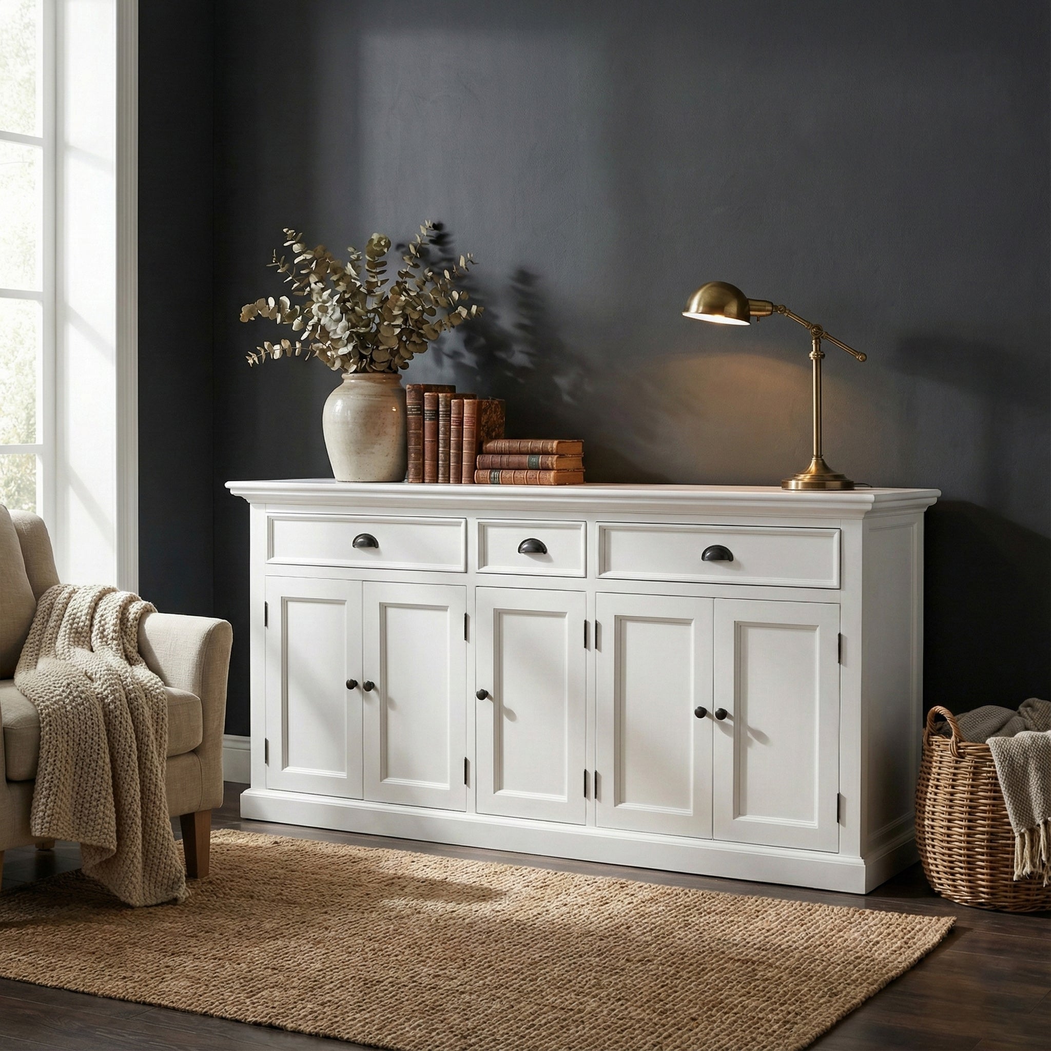 Solid Wood Buffet with 5 Doors | Coastal Hampton Sideboard