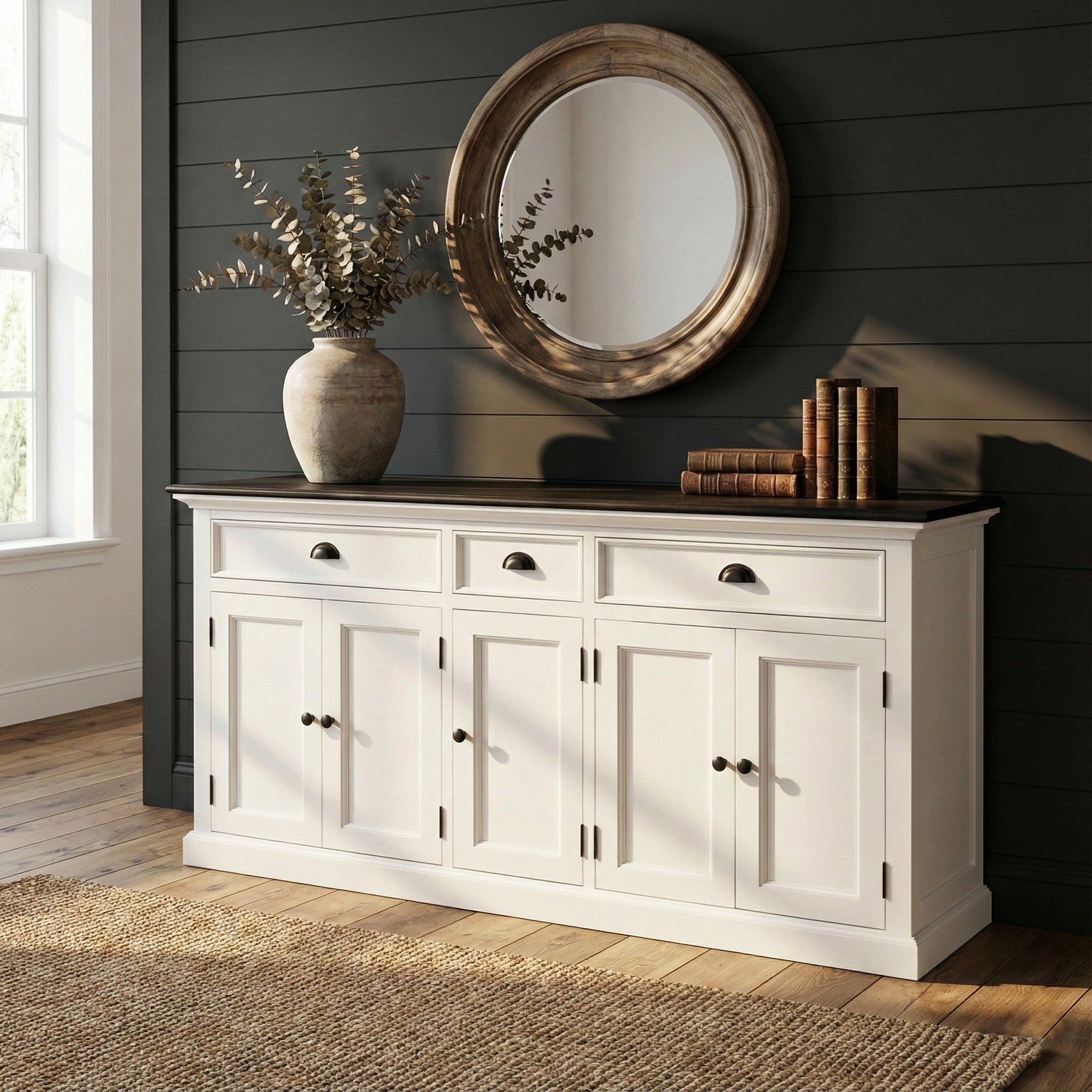 Solid Wood Buffet 5 Doors | White Distressed Finish | Coastal