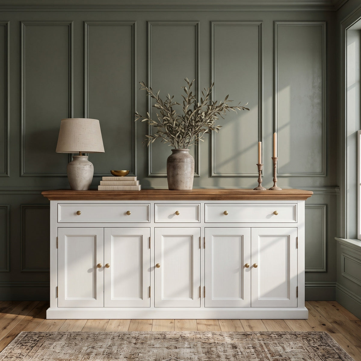 NovaSolo Corfu Large Buffet with 5 Doors and 3 Drawers, Classic White & Medium Brown, styled in a room