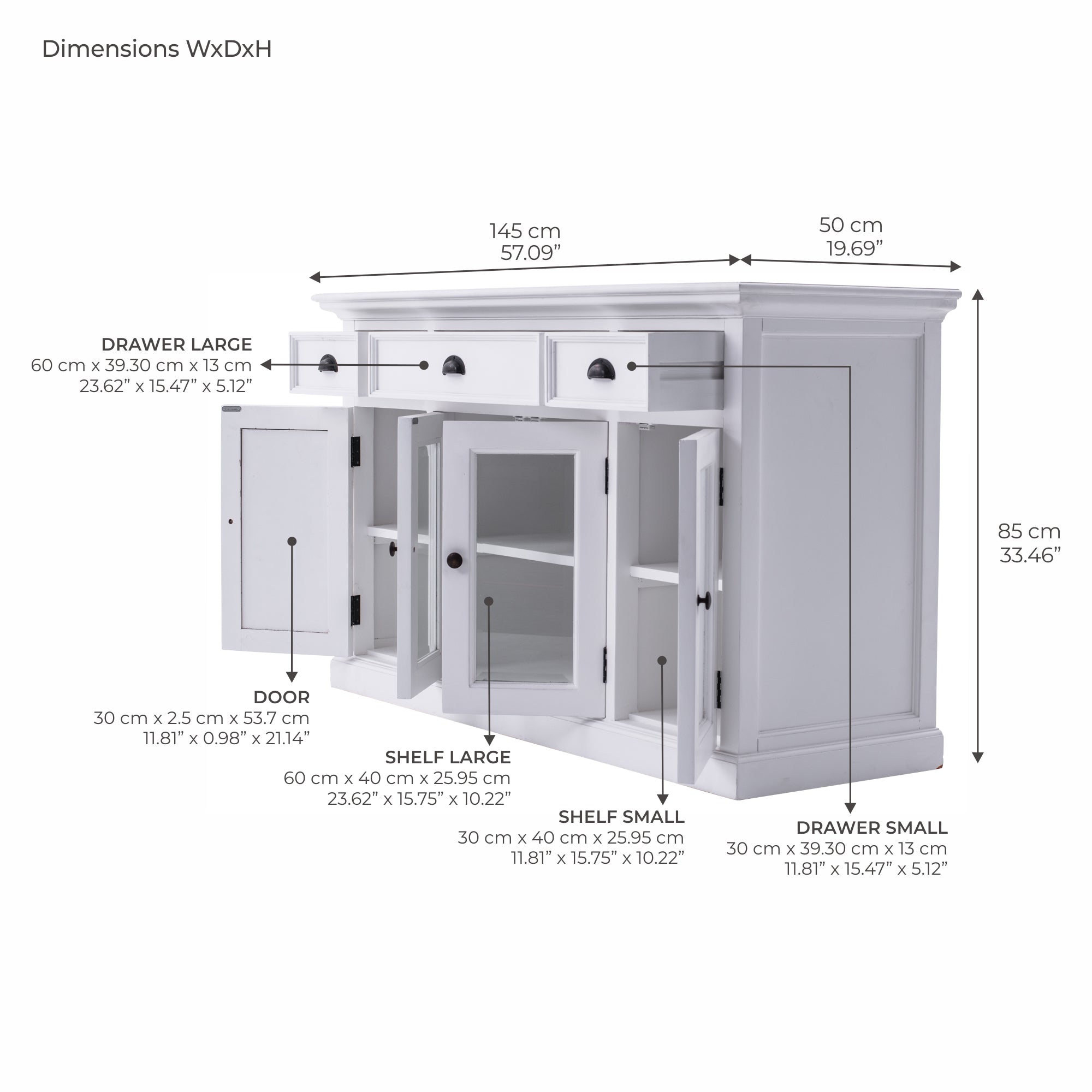 Solid Wood Buffet with 4 Doors & 3 Drawers | Coastal Hampton