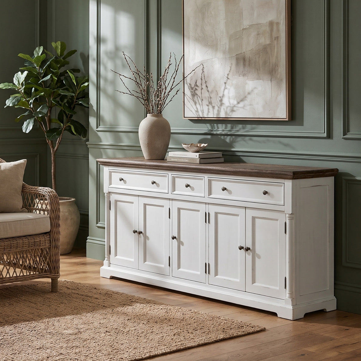 NovaSolo Corfu Provincial Buffet with 5 Doors, Classic White & Dark Brown, styled in a room