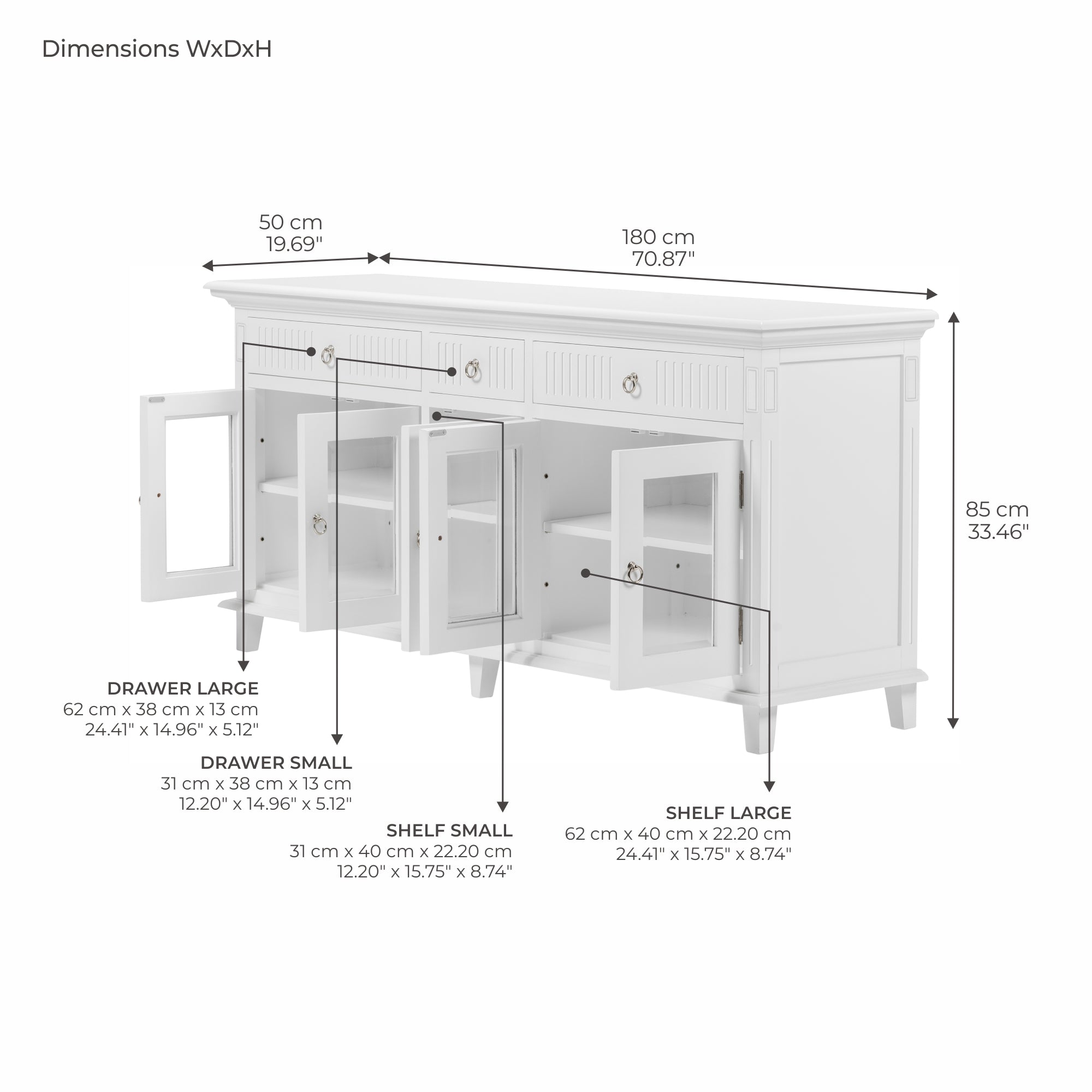 Skansen Large Buffet with 5 Glass Doors and 3 Drawers 71''