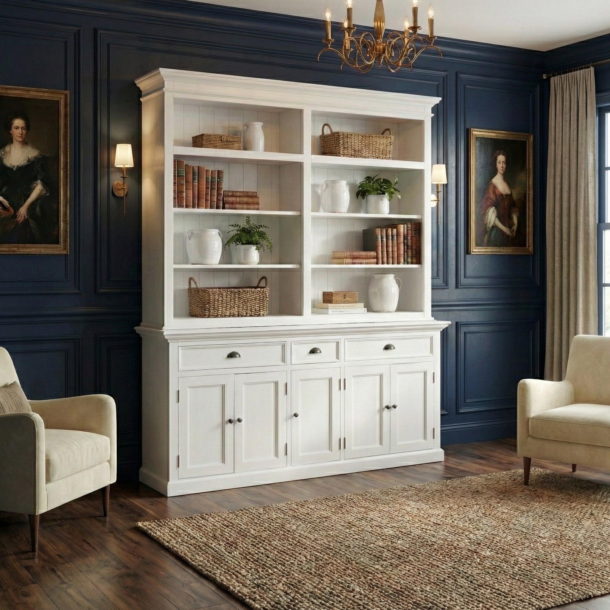 NovaSolo Coastal White Hutch Bookcase with 5 Doors | Mahogany Wood
