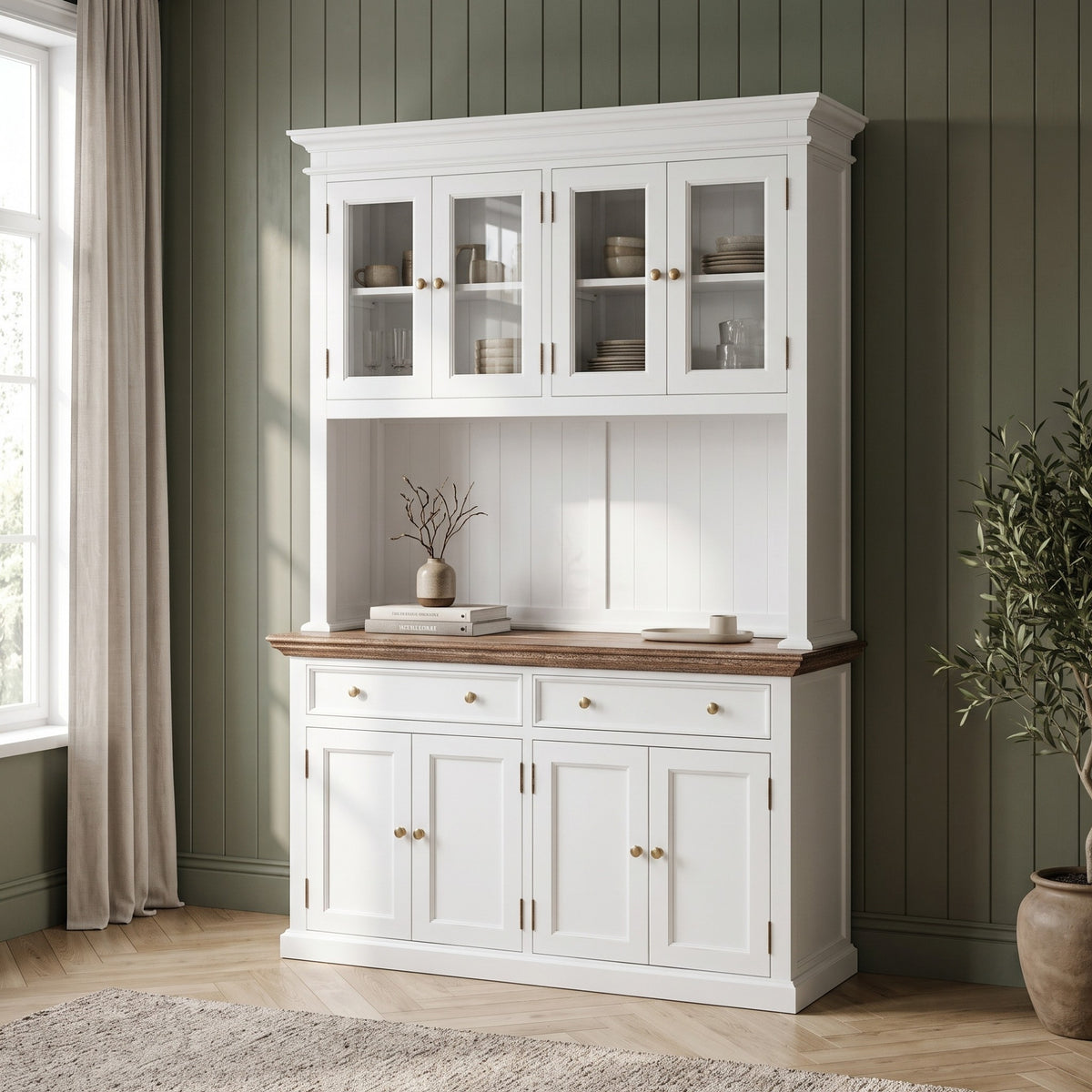 NovaSolo Corfu Hutch Unit with 4 Glass Doors and 2 Drawers, Classic White & Medium Brown, styled in a room