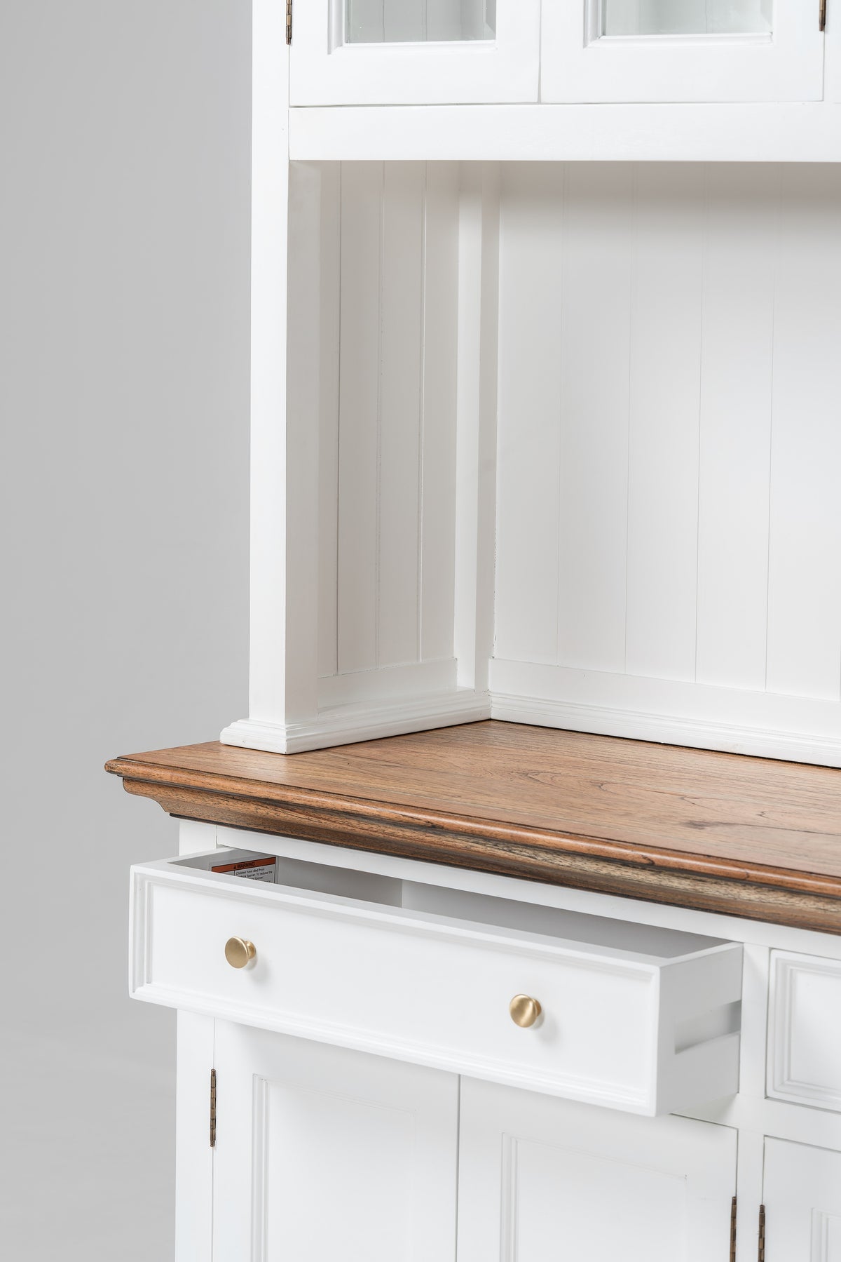 NovaSolo Corfu Hutch Unit with 4 Glass Doors and 2 Drawers, Classic White & Medium Brown, close-up detail