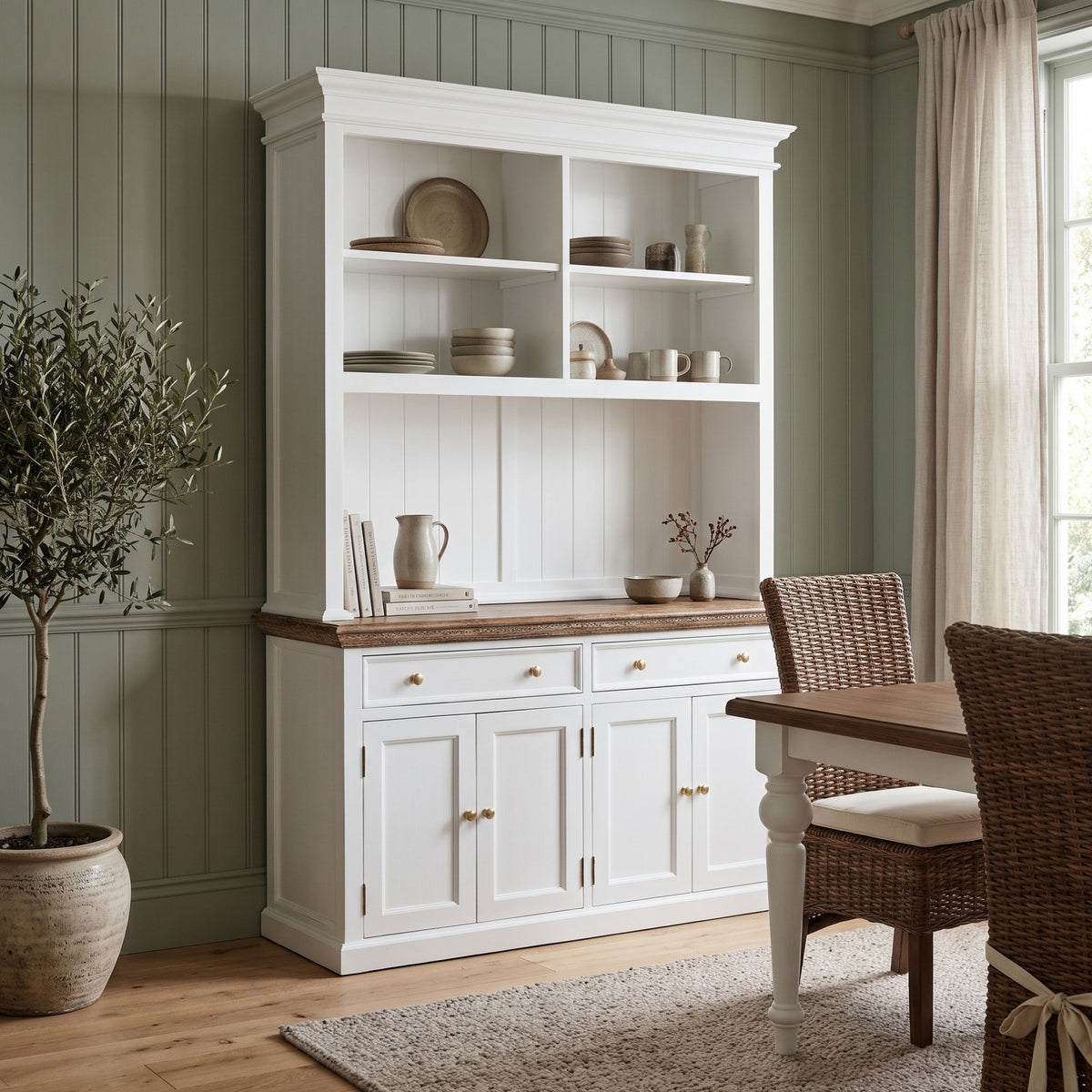 NovaSolo Corfu Hutch Unit with 4 Open Shelves and 2 Drawers, Classic White & Medium Brown, styled in a room
