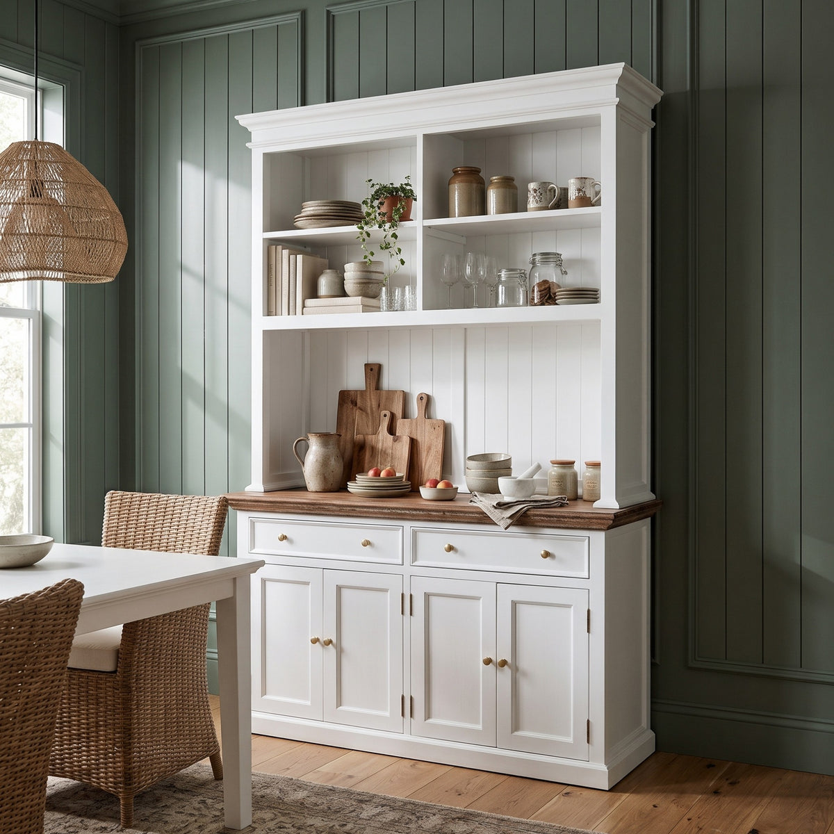NovaSolo Corfu Hutch Unit with 4 Open Shelves and 2 Drawers, Classic White & Medium Brown, styled in a room