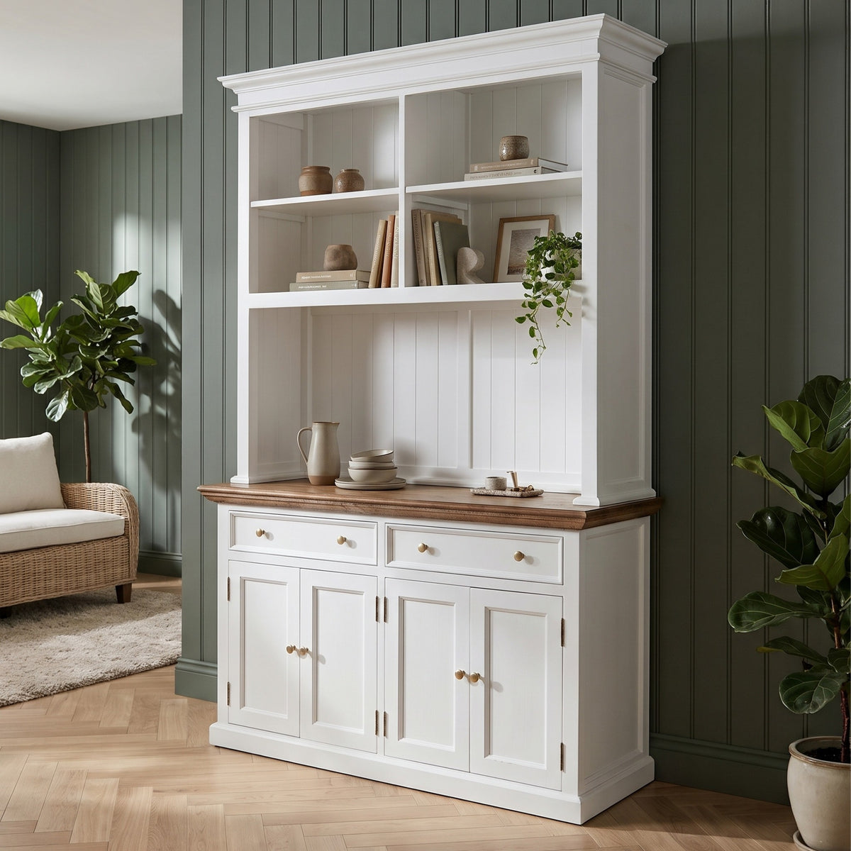 NovaSolo Corfu Hutch Unit with 4 Open Shelves and 2 Drawers, Classic White & Medium Brown, styled in a room