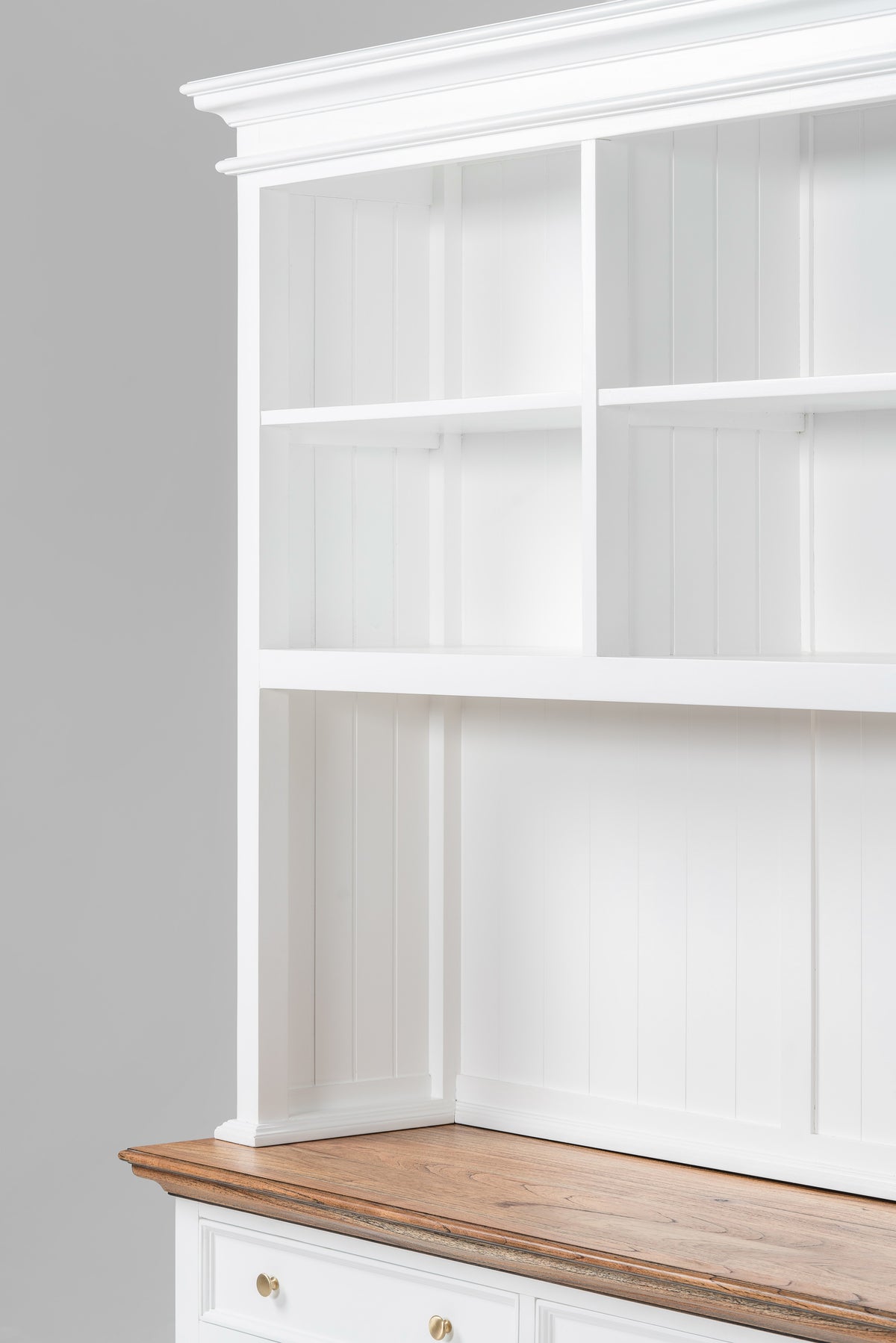 NovaSolo Corfu Hutch Unit with 4 Open Shelves and 2 Drawers, Classic White & Medium Brown, close-up detail