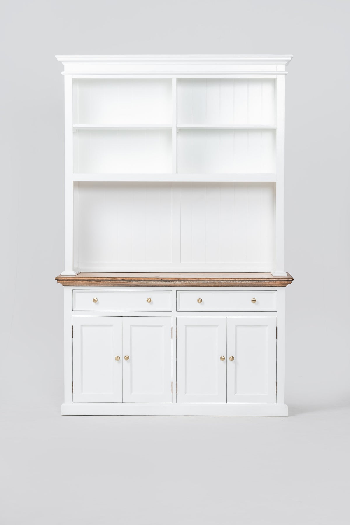NovaSolo Corfu Hutch Unit with 4 Open Shelves and 2 Drawers, Classic White & Medium Brown, front view on a white background