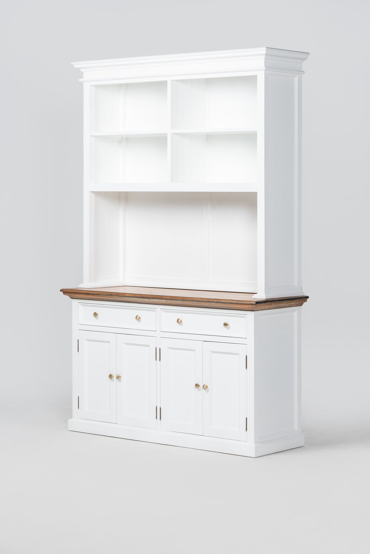 NovaSolo Corfu Hutch Unit with 4 Open Shelves and 2 Drawers, Classic White & Medium Brown, studio view