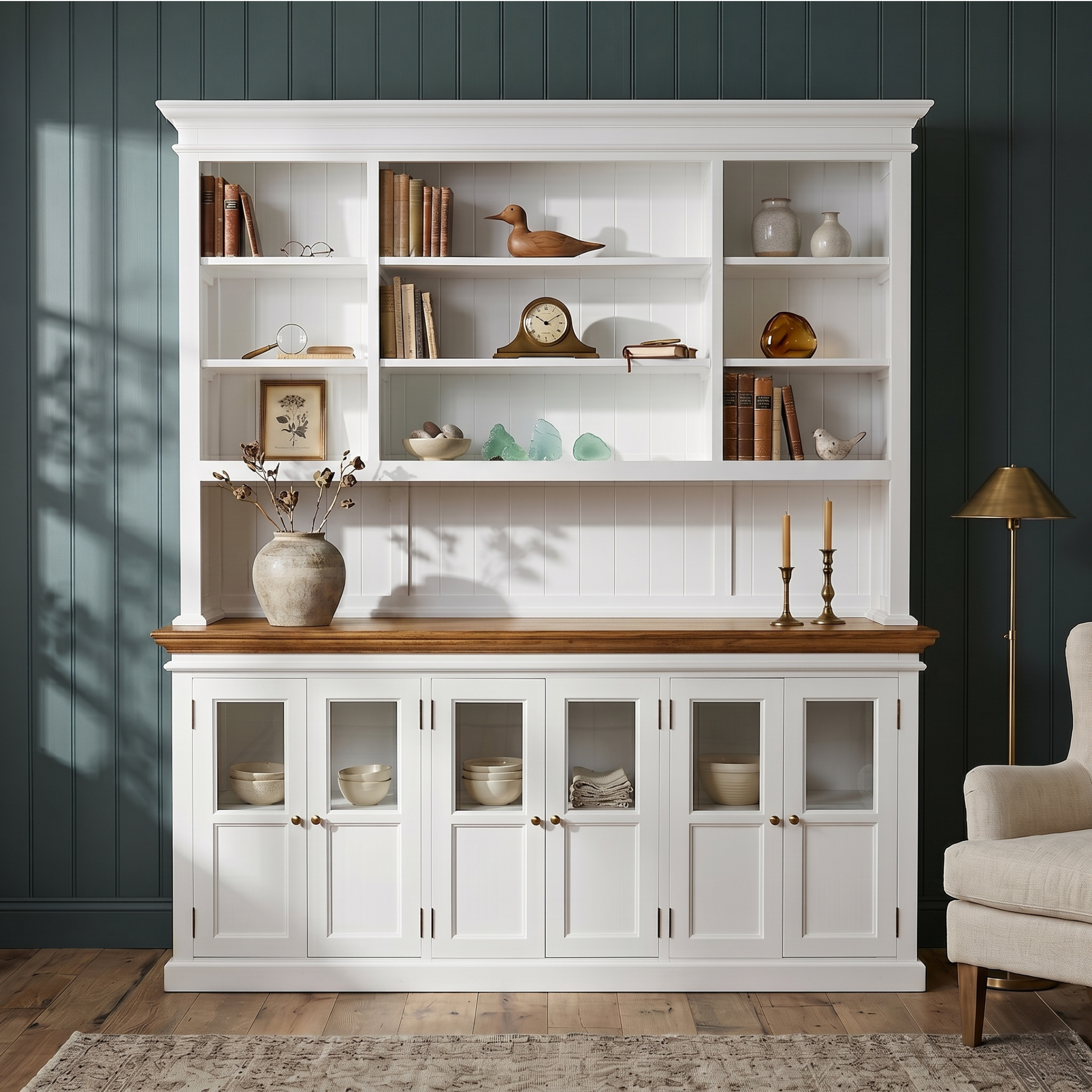 Corfu Large Hutch Bookcase Unit with 6 Glass Doors 79''