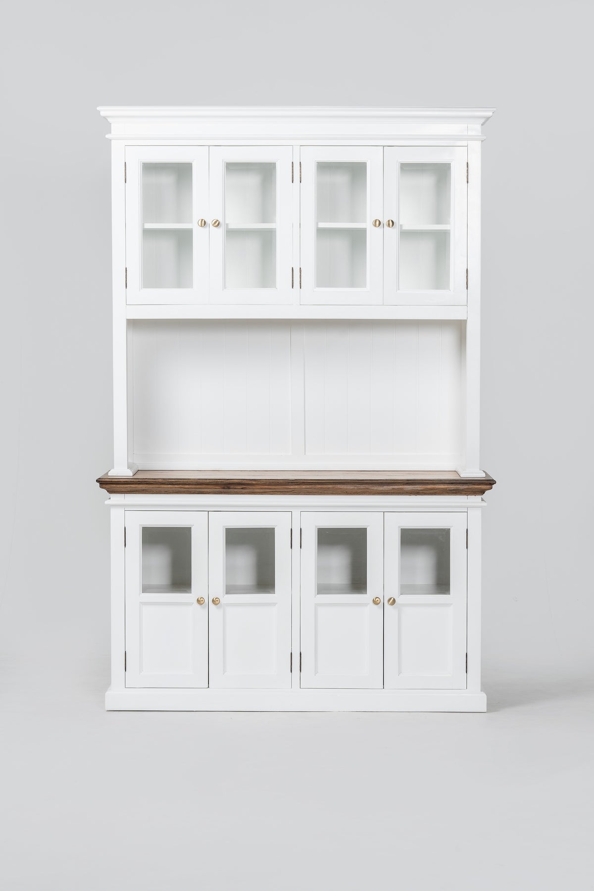 NovaSolo Corfu Hutch Unit with 4 Glass Doors, Classic White & Medium Brown, front view on a white background