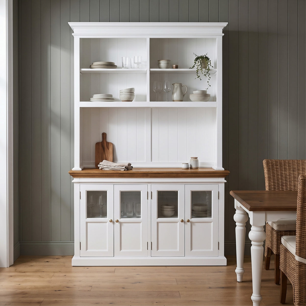 NovaSolo Corfu Hutch Unit with 4 Glass Doors, Classic White & Medium Brown, styled in a room