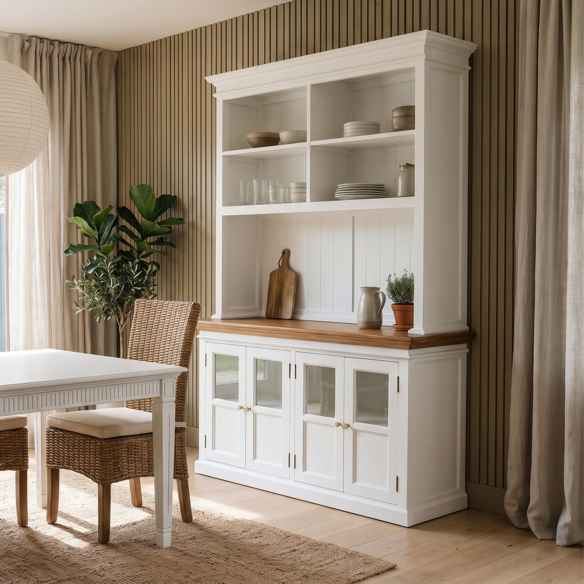 NovaSolo Corfu Hutch Unit with 4 Glass Doors, Classic White & Medium Brown, styled in a room