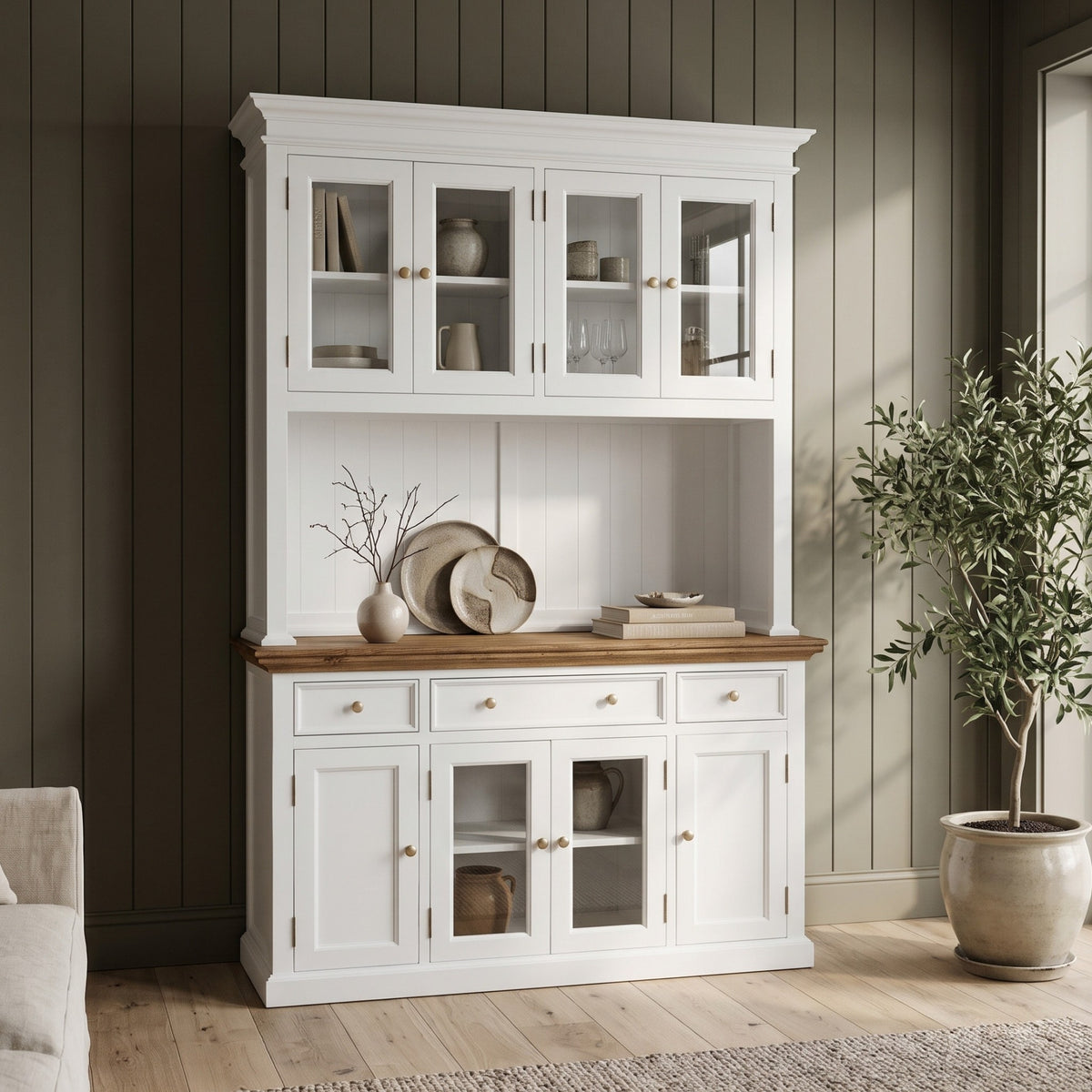 NovaSolo Corfu Hutch Unit with 4 Glass Doors and 3 Drawers, Classic White & Medium Brown, styled in a room