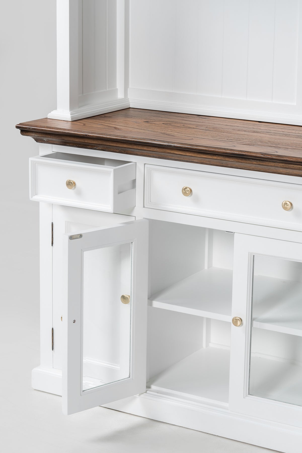 NovaSolo Corfu Hutch Unit with 2 Glass Doors, Classic White & Medium Brown, close-up detail