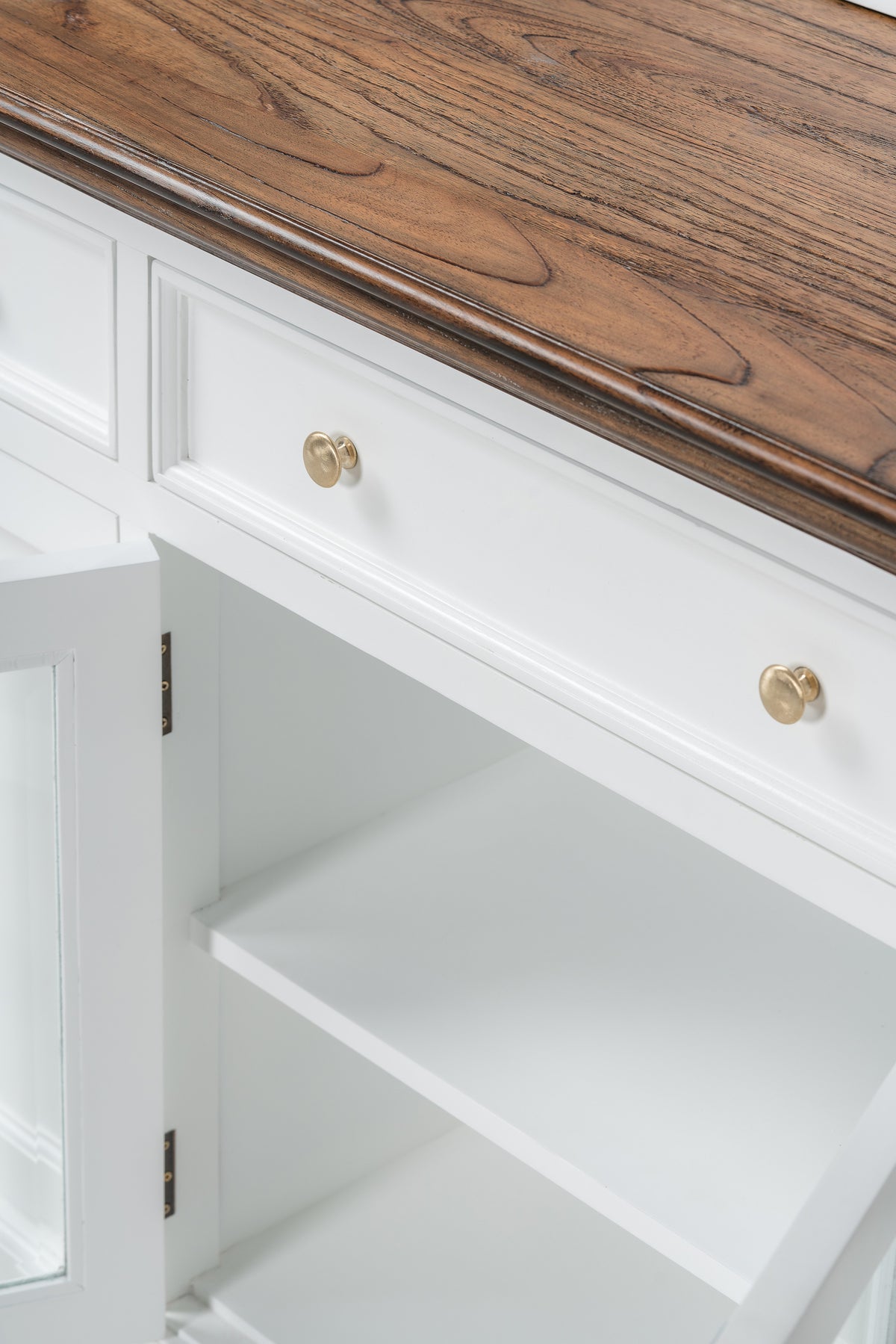 NovaSolo Corfu Hutch Unit with 2 Glass Doors, Classic White & Medium Brown, close-up detail