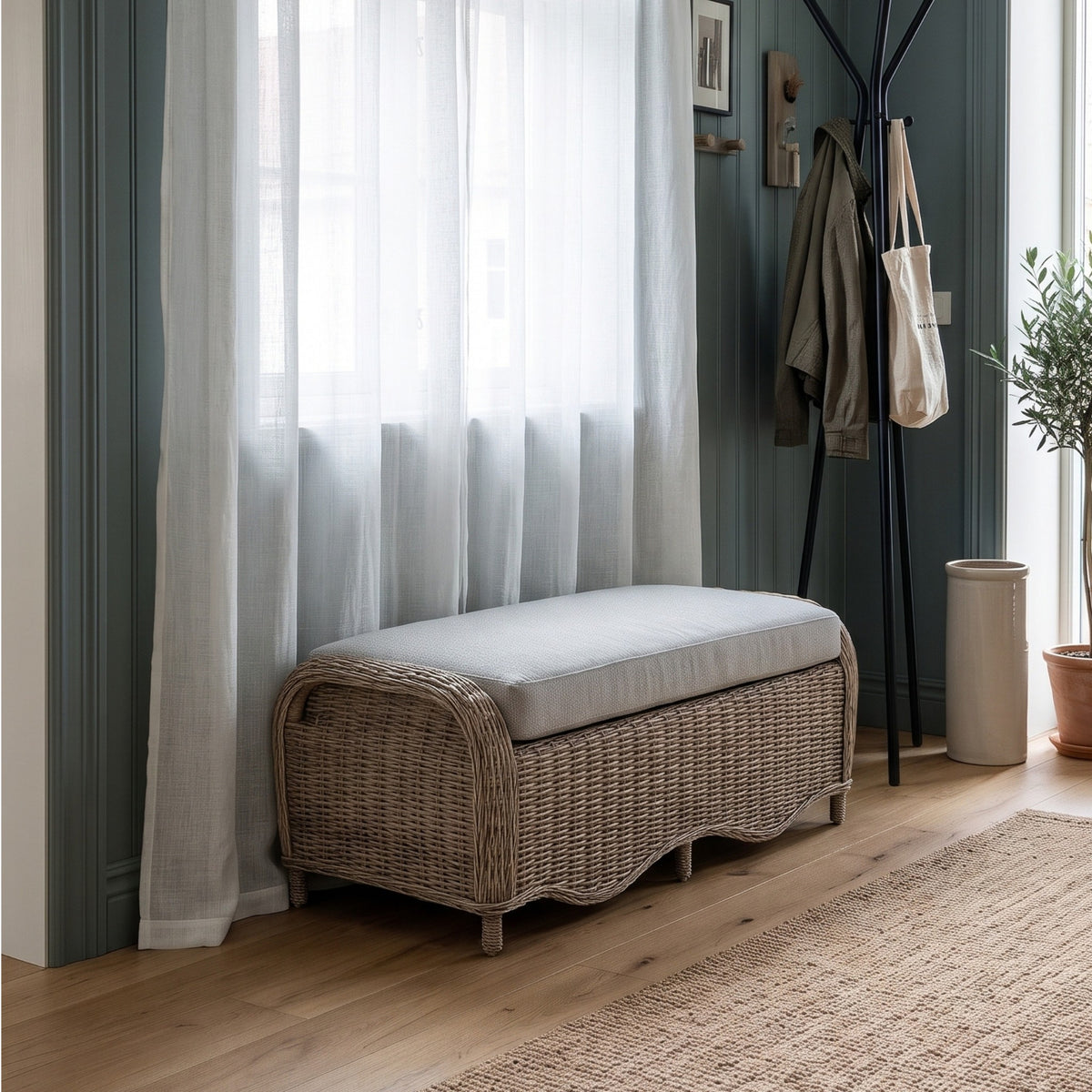 NovaSolo Wickerworks Mistral Bench 44 in, Natural Grey, styled in a room
