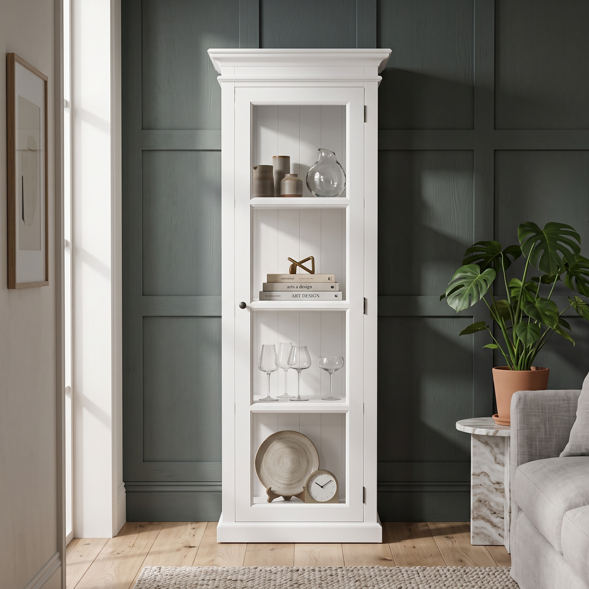 NovaSolo Halifax Single Vitrine, Classic White, styled in a room