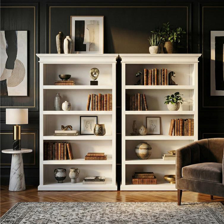 Classic Bookcase with 5 Shelves | Solid Mahogany | White Finish