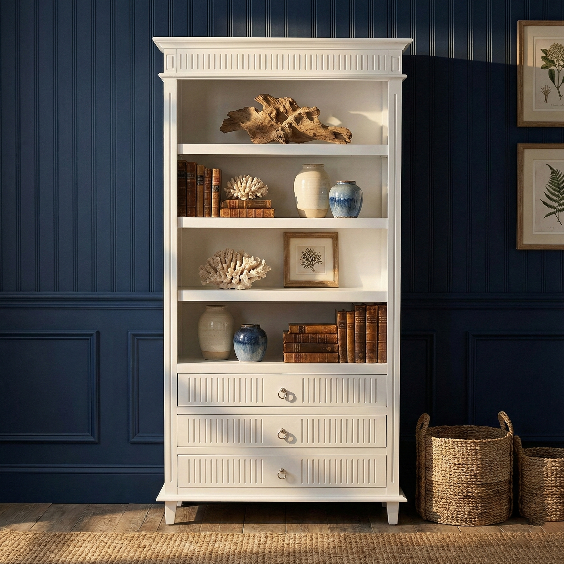 NovaSolo Farmhouse Style Bookcase with 3 Drawers | White Mahogany