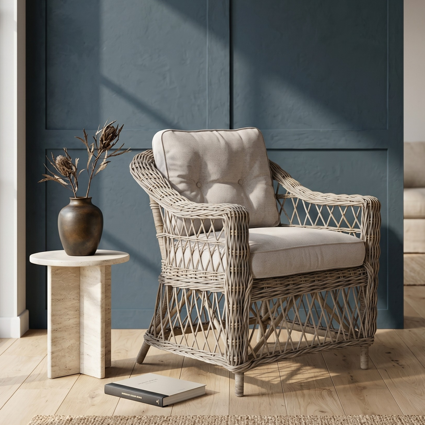 Wicker armchair with beige cushions in a room with blue walls and a window.