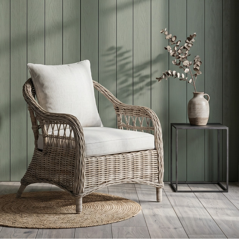 Wicker armchair with white cushion against a green paneled wall