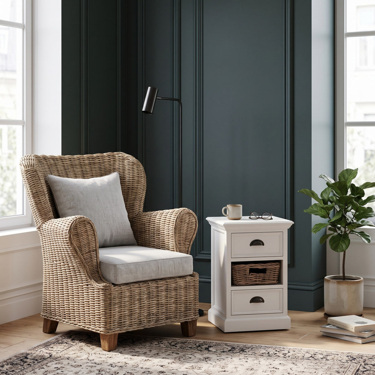 NovaSolo Wickerworks Sirocco Chair, Natural Grey, styled in a room