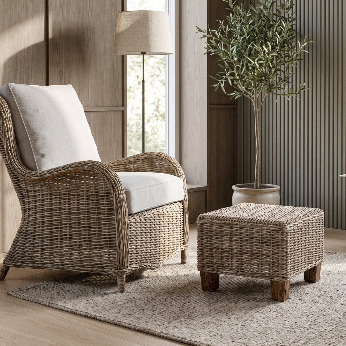 NovaSolo Wickerworks Capri Footrest, Natural Grey, styled in a room