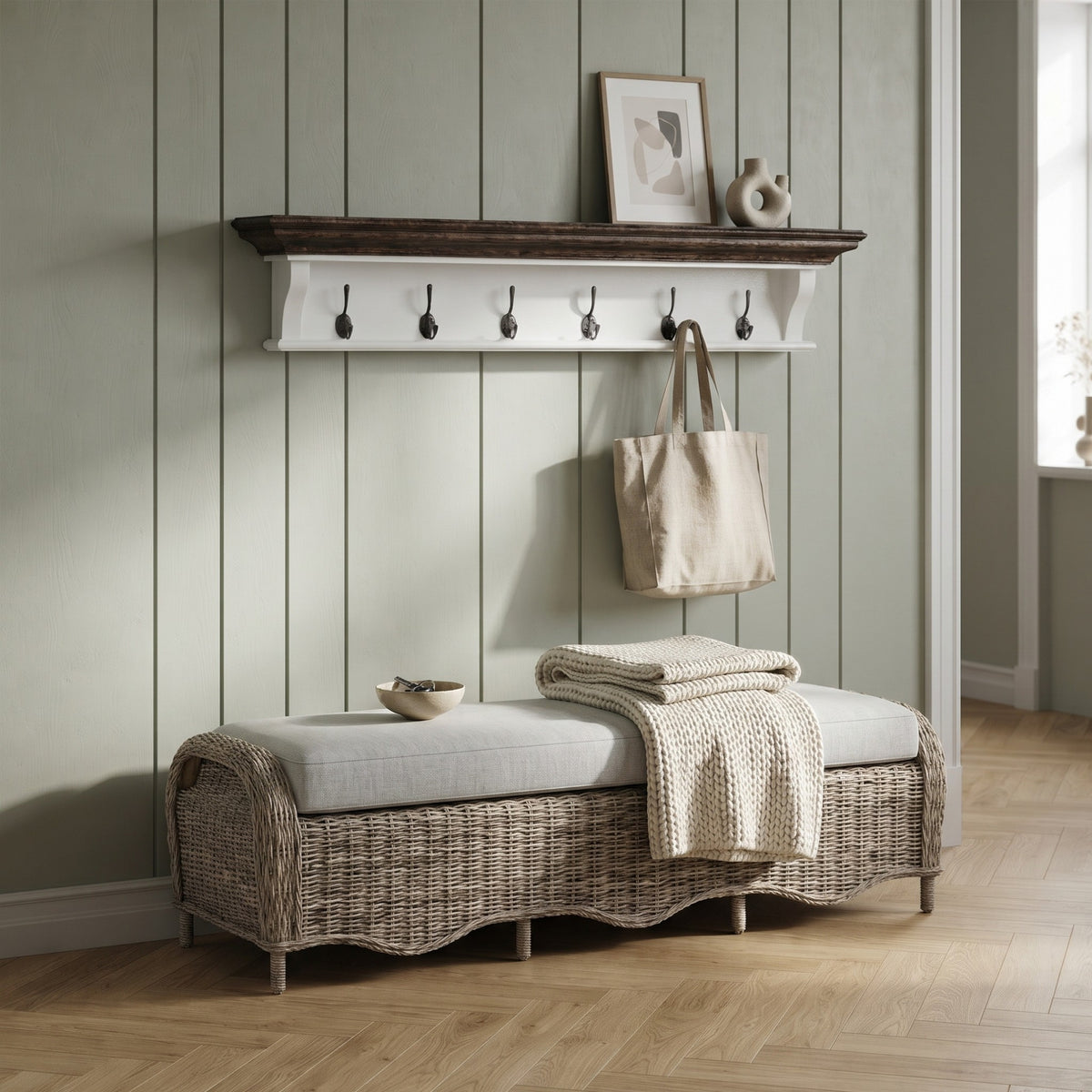 NovaSolo Corfu Provincial Coat Rack with 6 Hooks, Classic White & Dark Brown, styled in a room