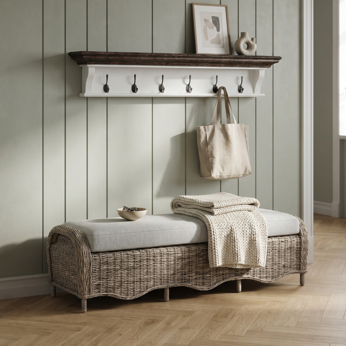 NovaSolo Wickerworks Mistral Bench 68 in, Natural Grey, styled in a room