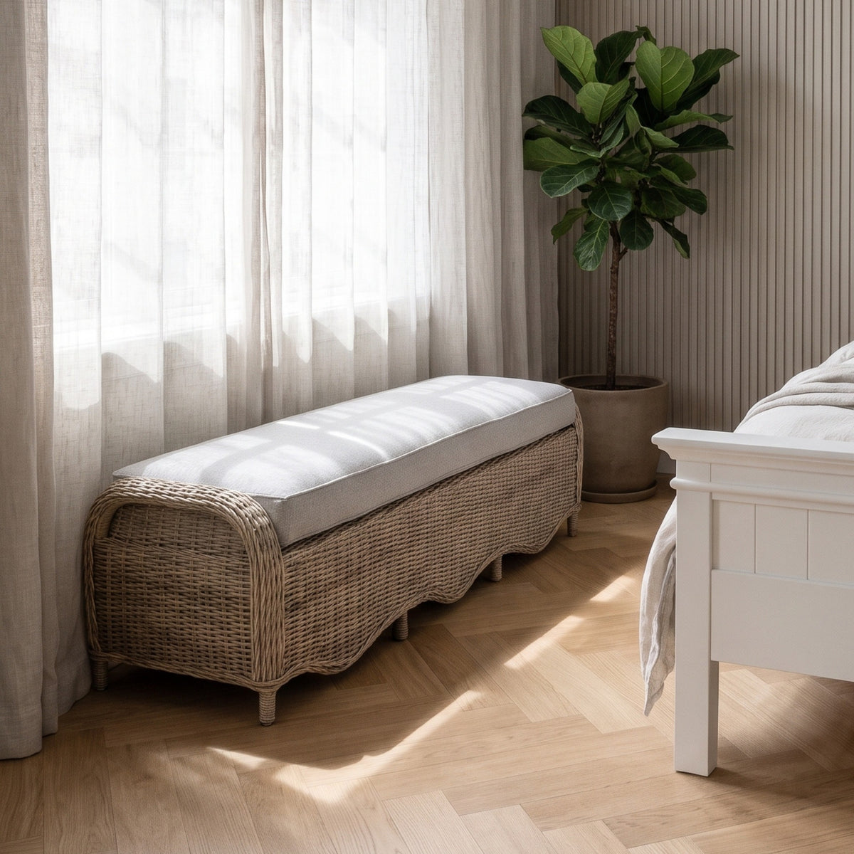 NovaSolo Wickerworks Mistral Bench 68 in, Natural Grey, styled in a room