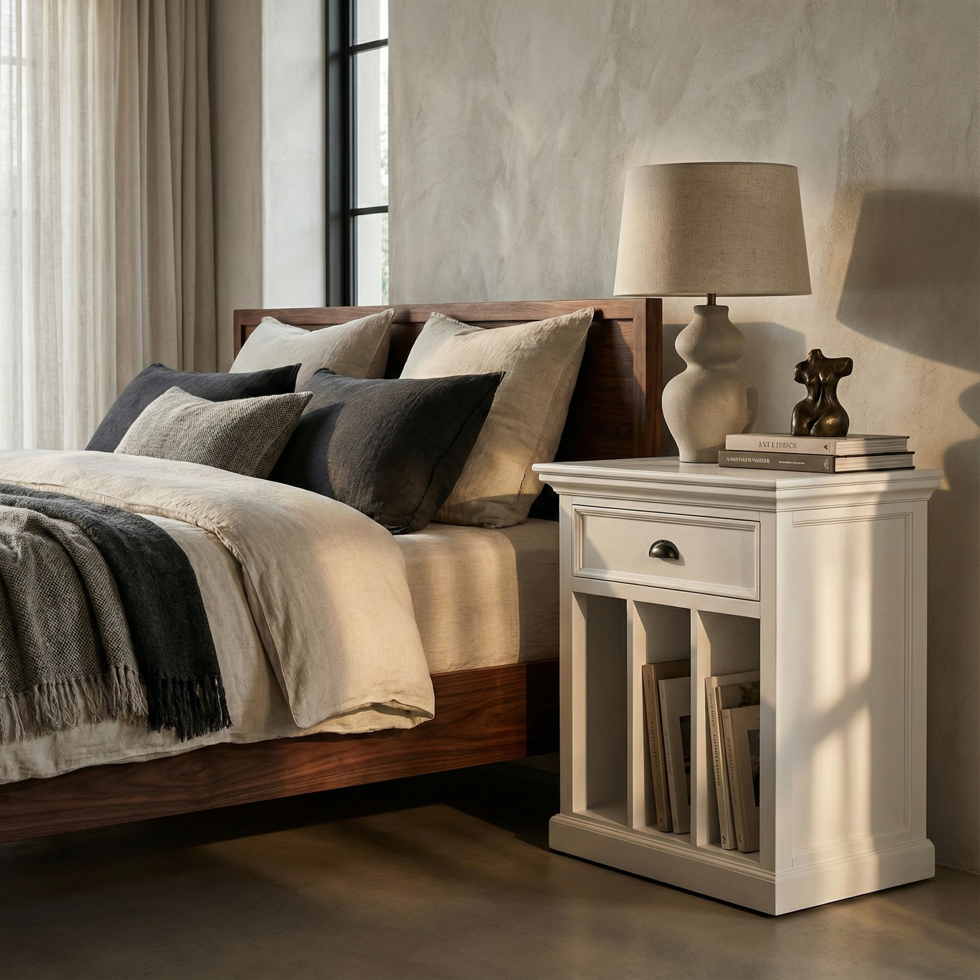 NovaSolo Bedside Table with Dividers | White Mahogany Wood