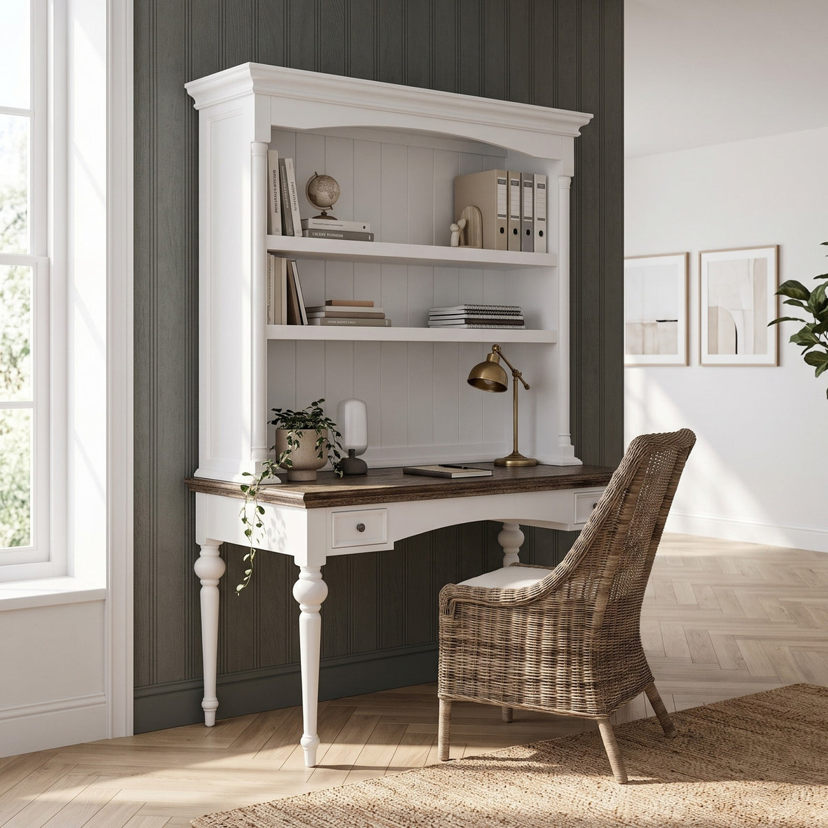 NovaSolo Corfu Provincial Secretary Desk with Hutch, Classic White & Dark Brown, styled in a room