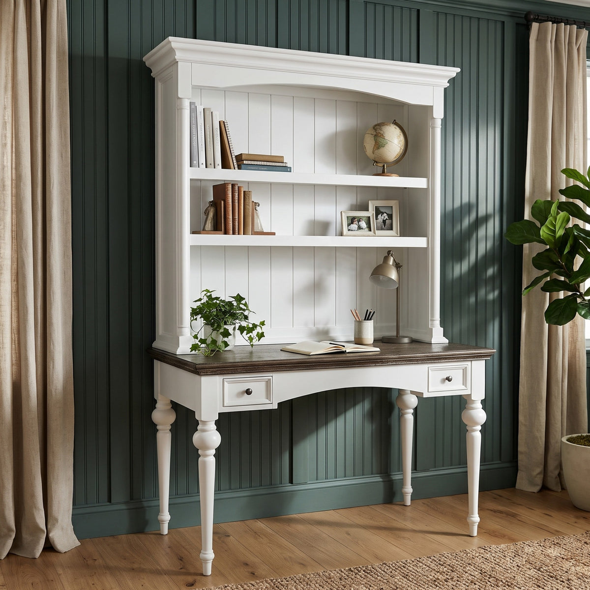 NovaSolo Corfu Provincial Secretary Desk with Hutch, Classic White & Dark Brown, styled in a room