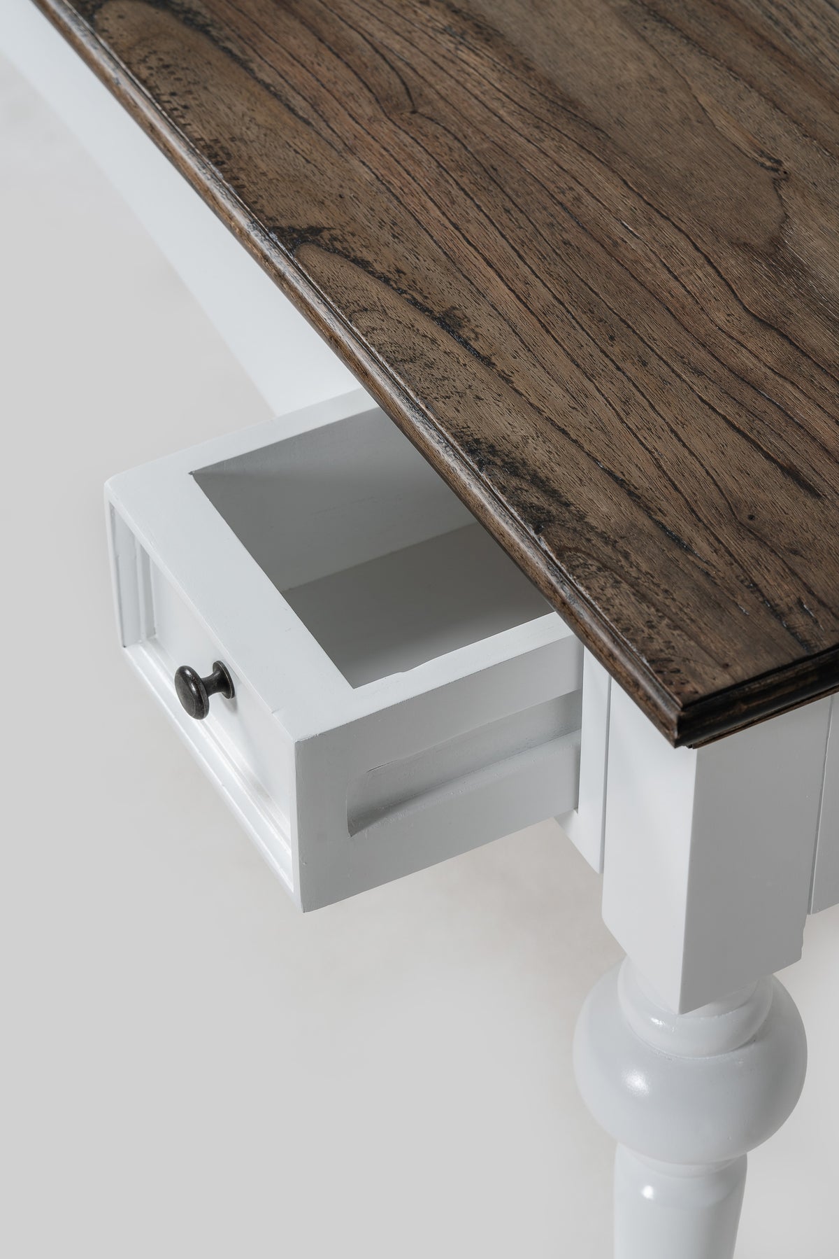 NovaSolo Corfu Provincial Secretary Desk with Hutch, Classic White & Dark Brown, close-up detail