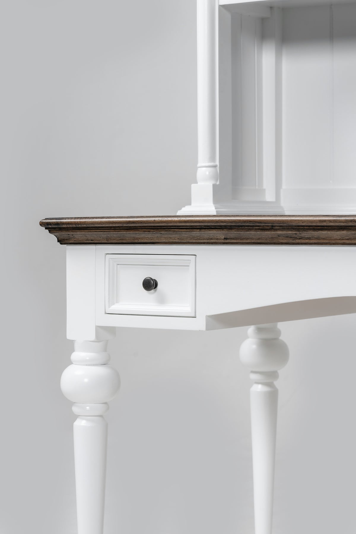 NovaSolo Corfu Provincial Secretary Desk with Hutch, Classic White & Dark Brown, close-up detail
