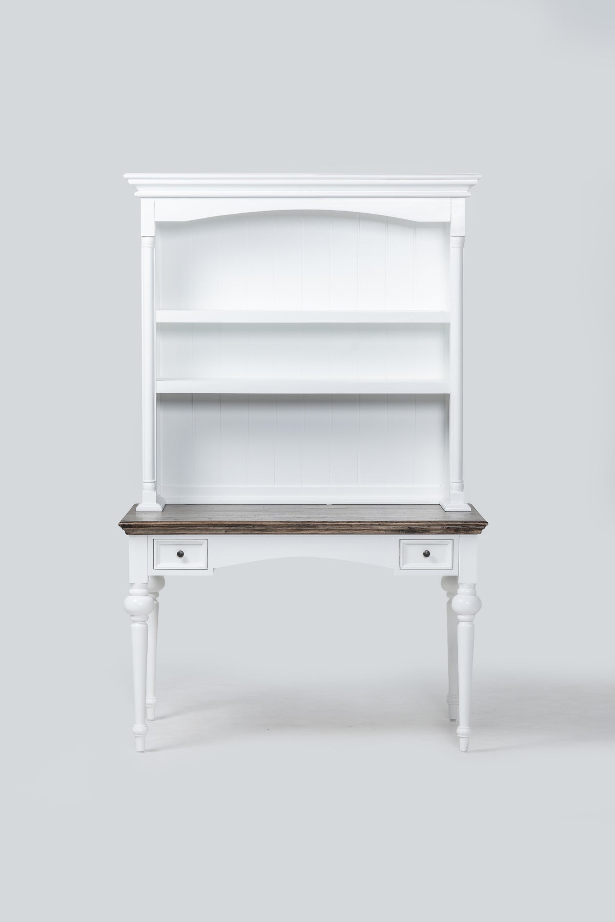 NovaSolo Corfu Provincial Secretary Desk with Hutch, Classic White & Dark Brown, front view on a white background