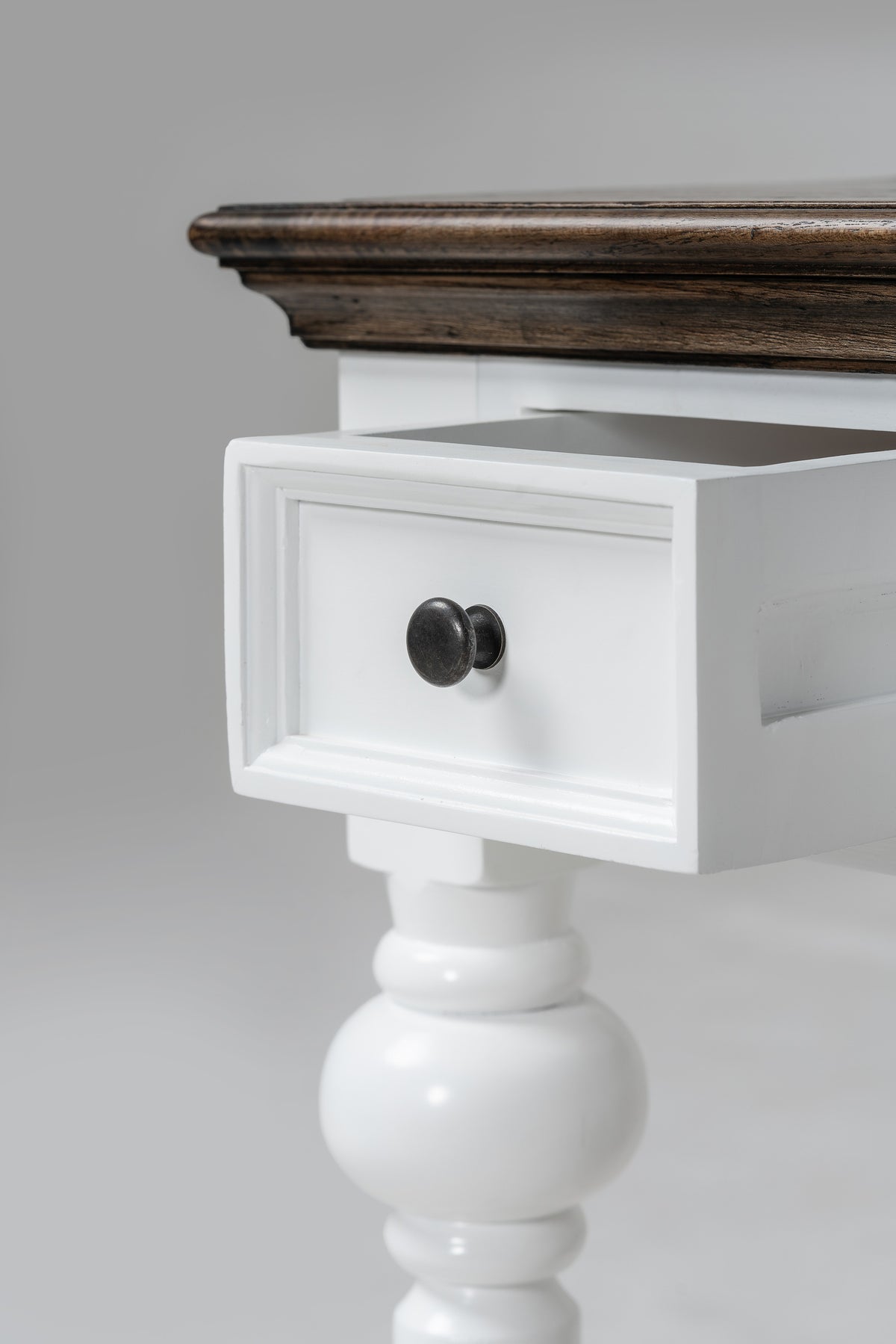NovaSolo Corfu Provincial Desk, Classic White & Dark Brown, close-up detail