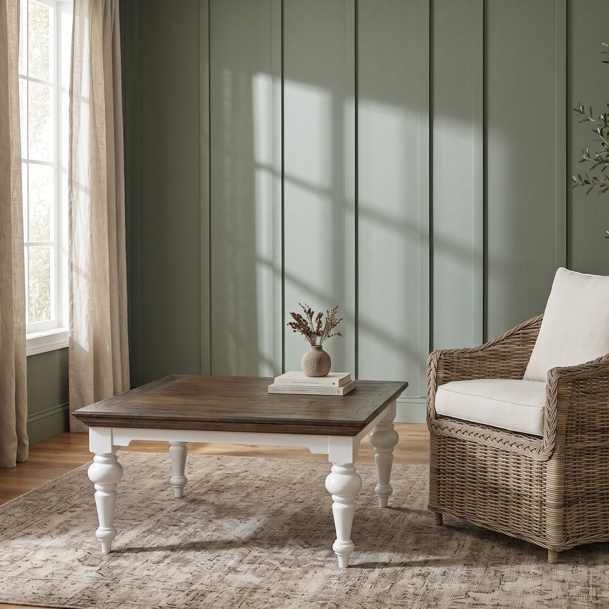NovaSolo Corfu Provincial Square Coffee Table, Classic White & Dark Brown, styled in a room