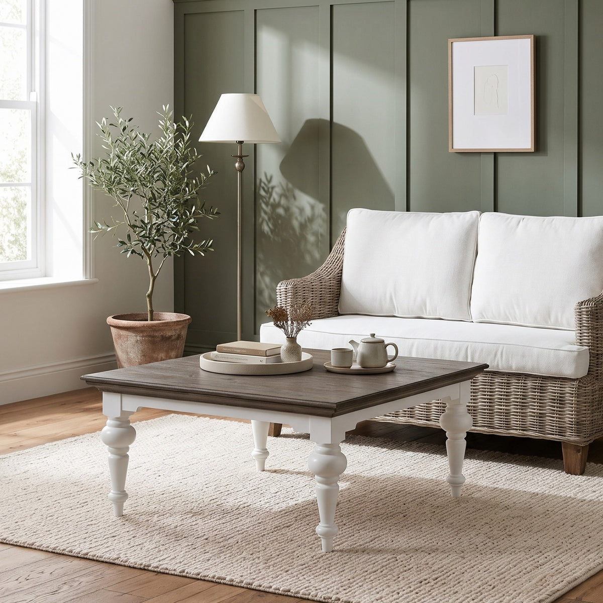 NovaSolo Corfu Provincial Square Coffee Table, Classic White & Dark Brown, styled in a room
