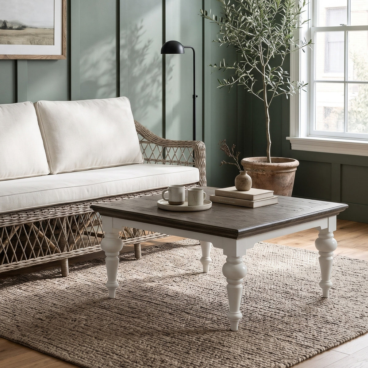 NovaSolo Corfu Provincial Square Coffee Table, Classic White & Dark Brown, styled in a room