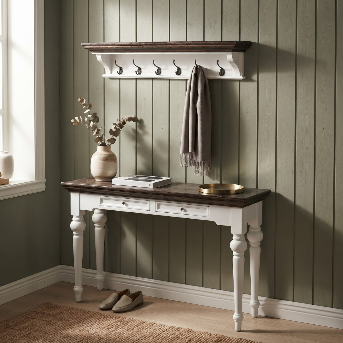 NovaSolo Corfu Console Table with 2 Drawers, Classic White & Dark Brown, styled in a room